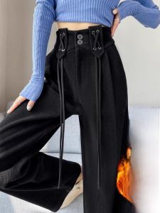 WANGGONGZHU | High Waist Corduroy Wide Leg Pants Women Winter Thickened Fleece Casual Loose Straight Cut Trousers Princess Style Commute Fashion