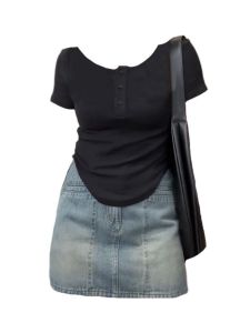 plus Size Womens Fashion Set High Waist Slimming Skirt Short Sleeve Black Irregular Shoulder T-Shirt plus Size Trendy Ensemble