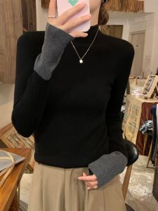 Korean Style Color Block Semi-high Collar Fitted Sleeve Sweater