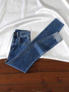 Retro Blue Slim Fit Denim Jeans Womens High Waist Stretchy Tightened Small Size Frayed Casual Cotton Elastic Denim Pants