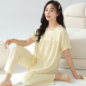 MiiOW | ชุดนอนผู้หญิงแขนสั้นผ้าฝ้ายแท้ MiiOW ฤดูร้อน 2025 ชุดนอนแขนยาวปานกลาง ชุดอยู่บ้าน ใส่ไปกลางแจ้ง ชุดเดรสยาวปานกลาง