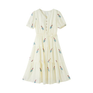 XIANGYING | French V-neck White Floral Embroidery Summer Resort Dress