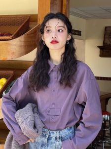 Retro Korean Style Purple Shirt Inner Wear Collar Turn-down Base Layer Top Beautiful Lazy Unique Fall Season Womens Blouse