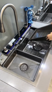 304 stainless kitchen sink steel waterfall kitchen sink lababo stainless complete set single slot integrated digital display faucet set soap dispenser cup washer lababo kitchen sink