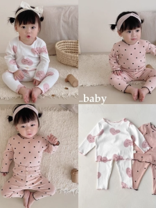 Infant Home Wear Autumn New Arrival Baby Girl Long Sleeves Trendy Style ~ Sunken Stripe Rib Cotton Pajamas Two-piece Set Fungus