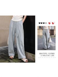 Summer High Waist Drapey Straight Leg Pants Womens Slimming Thin Casual Pants Fashionable All-Match Elastic Waist Wide Leg Long Pants