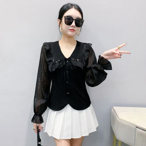 YIMEI European style spring and summer new design ruffled edge lace up small shirt long sleeved loose casual V-neck top 2025
