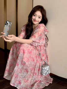 French Vintage Pink Floral Dress Womens Summer New Loose Slimming Short Skirt Korean Style Bordered Resin Color Fastened Print