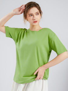 Korean Style Pure Cotton Short Sleeve T-Shirt Womens Summer New round Neck Loose Casual Print Five Sleeve Pure Color Top