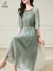 Elegant Slimming Light Green Silk Dress round Neck Five-Quarter Sleeve Womens Fashion Spring Summer Chiffon Gown A-Line Skirt