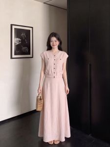 PAIBOLI | Đầm Tay Ngắn Màu Hồng Kiểu Dáng Nhẹ Nhàng Ôm Sát Có Nút Size Lớn