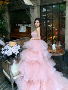 Pink Evening Gown Adult Birthday Party French Style Light Wedding Dress Princess Skirt Strapless Ball Gown Polyester Fiber