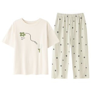 miiow | Pure Cotton Short Sleeve Sleepwear Set For Women Summer New Style Comfortable Home Clothes Large Size Seven-Foot Pants
