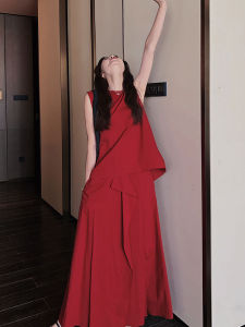 Red Asymmetrical French Style Vest Dress Womens Early Summer Fake Two-Piece High-End Feeling Small Audience Vest Dress