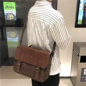 Threebox สไตล์เกาหลี กระเป๋าถือผู้ชายกระเป๋าสะพายย้อนยุค ผู้หญิง กระเป๋าคอมพิวเตอร์แฟ้มสะพายข้างสังเคราะห์ หนัง ลำลอง