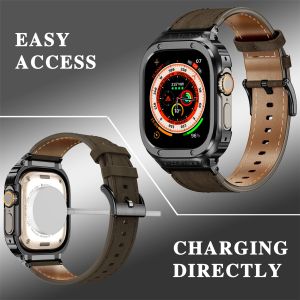 Vỏ kim loại có dây đồng hồ bằng da cho Apple Watch Ultra 49mm Vỏ bảo vệ bằng thép không gỉ Ốp lưng dây đeo bằng da thật cho i Watch Series 8 7 se 6 5 4 44mm 45mm