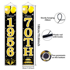Black Gold Glitter 70th Birthday Porch Banner Retro 1956 Vintage Birthday Door Couplet with Balloons and Cake for Party