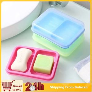 Double Grid Plastic Soap Box Sealed with Cover: Water Proof Household Travel 2-grid Soap Box