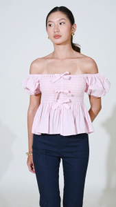NAKD FASHION HAYZEL BASIC PUFF SLEEVES COTTON LINEN SMOCKING RIBBON COQUETTE OFF SHOULDER TOP 6022