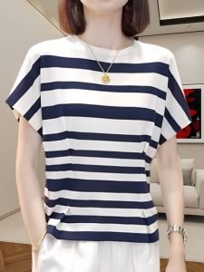 Stripes Short Sleeve T-Shirt Womens Summer New round Neck Pullover Thin Bottoming Shirt Fashion Loose and Slimming Anti-Aging Top