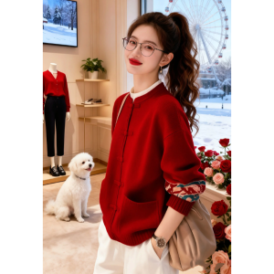Chic Languid New Chinese Red Knit Top