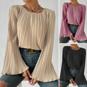 Celmia ZANZEA Áo chui đầu tay áo dài cổ chữ O cho nữ áo xếp li nữ công sở áo khoác Blouse rộng thời trang áo phông #15