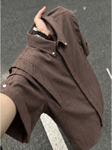 OUMULONG | Brown Old Money Style Linen Shirt Half Sleeve