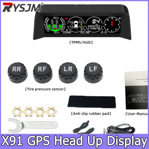 RYSJM | X91 4in1 GPS HUD TPMS Head Up Display Tire Monitor Inclinometer Gague Car Compass Inclinometer Speed Slope Meter for All Car