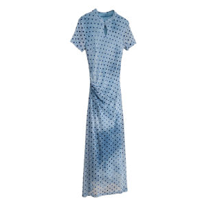 Blue Dotted Chinese-Style Cheongsam Dress Short Sleeve Fitted Waist
