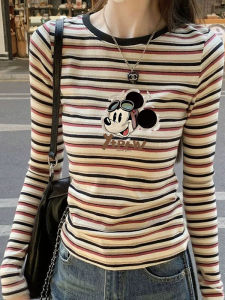 เสื้อยืดคอกลมแขนยาวผ้าฝ้ายสีแดงลายทางสำหรับผู้หญิง ฤดูใบไม้ผลิและฤดูใบไม้ร่วง ทรงหลวม ลำลอง เสื้อชั้นใน ชุดชั้นใน