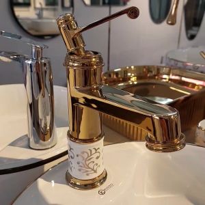 Vòi rửa mặt vòi chậu lavabo nóng lạnh hoa sứ chiều cao 20cm và 30cm VL016 - Kiểu hoa văn vàng - Tông màu vàng bóng - Chất liệu sứ siêu bền - Chính hãng Audi