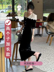 Long Sleeve Velvet Dress High Waist Slim Fit Extended Length Lace Patchwork Hepburn Style Autumn Fashion for Tall Women