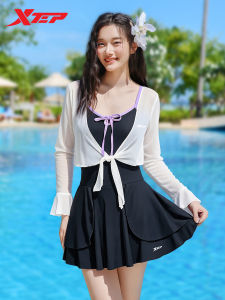 XTEP | New Womens Beach Skirted One-Piece Swimsuit With Long Sleeve Kimono