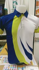 เสื้อโปโลพิมพ์ลาย5 ลายซับลิเมชั่น สีเหลืองตัดคราม