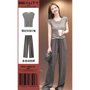 Elegant Short Sleeve Two-Piece Set for plus Size Women Summer Fashion High Waist Illusory Height Korean Style Commute Wear