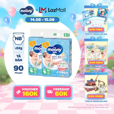 [12-14.08 QUÀ TẶNG SLCH] Combo 2 tã dán cao cấp Moony Newborn 90 miếng - Nhập khẩu từ Nhật Bản