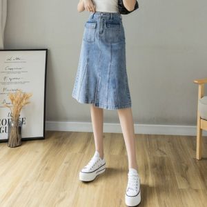 Summer High Waist A-Line Midi Skirt Womens Denim Half-length Fish Tail Skirts Spring Autumn New Small Size Fashionable