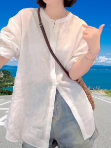 Sun Protection Linen Open Cardigan Womens Spring Summer Fashion Loose Versatile Long Sleeve Shirt Thin Model White Color
