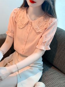 Pink Doll Collar Short Sleeve Chiffon Shirt Womens Summer Fashionable Top Cotton 70% Polyester 30% Material Leaf Edge Detail