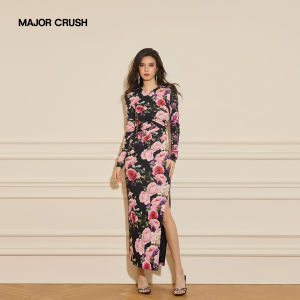 Fragrant Elegant Slimming Round Neck Dress With Large Flower Split