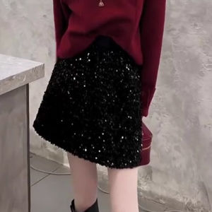 Black Shiny Sequin Half-length A-line Mini Skirt for Women High-waist Spring Autumn New Style Compact Size Bodycon Short Skirt