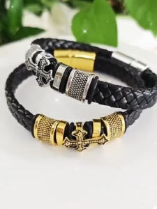 Personality Simple Leather Woven Bracelet - Alloy Magnetic Clasp Retro Mens Wristband Gift Men