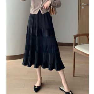 Korean Style High Waist Cake Skirt Velvet Mid-Length A-Line Midi Skirt Slimming Versatile Autumn Winter plus Size Elastic Waist