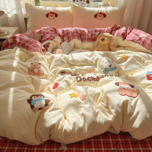 Cartoon Bedding Set Queen Size 4PC Washed Cotton Towel Embroidered Duvet Cover Bed Skirt Dormitory Bedding Sheets