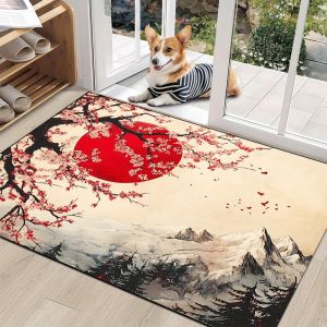 VIKAMA Japanese Landscape Sunset Cherry Blossom Doormat Ideal for farmhouse porches offices and home decor flooring