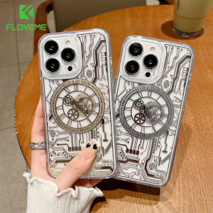 FLOVEME Transparent Magnetic Phone Case For iPhone 14 13 12 15 Pro Max Shockproof Trendy Mechanical Printed Cover TPU Clear Back Cover For iphone 15 14 13 12