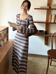 Hebe Style Knitted Dress Womens Autumn Winter Slimming Wrap around Knee Length Base Layer Long Skirt A-Line Korean Version