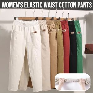 Womens Elastic Waist Cotton Pants Ladies Casual Pant Straight Trousers  Loose Cut Breathable And Comfortable