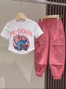 Fashionable Casual Summer Thin Short Sleeve Two-Piece Set Girls Clothing Harlan Pants Street Style Casual Wear Childrens Outfits