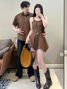 XILANDUO | Design Match Summer Couple Clothes Women Camisole Dress Men Short Sleeve Shirt
